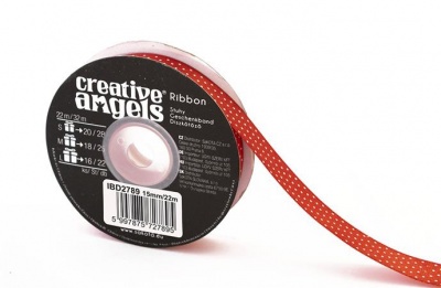 Szatén szalag, 15 mm x 22 m, piros fehér pöttyökkel