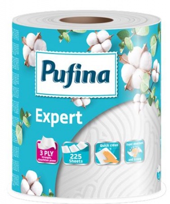 Háztartási papírtörlő, 3 rétegű, 225 lap, 1 tekercses, PUFINA "Expert"