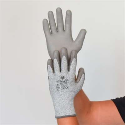Védőkesztyű, HPPE, tenyerén PU mártott, vágásbiztos, XL méret, szürke